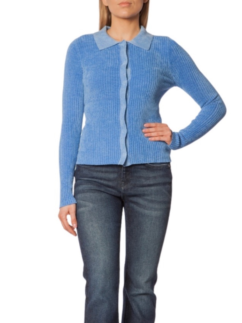 Pinko Blue Ribbed Collared V-Neck Button Cardigan